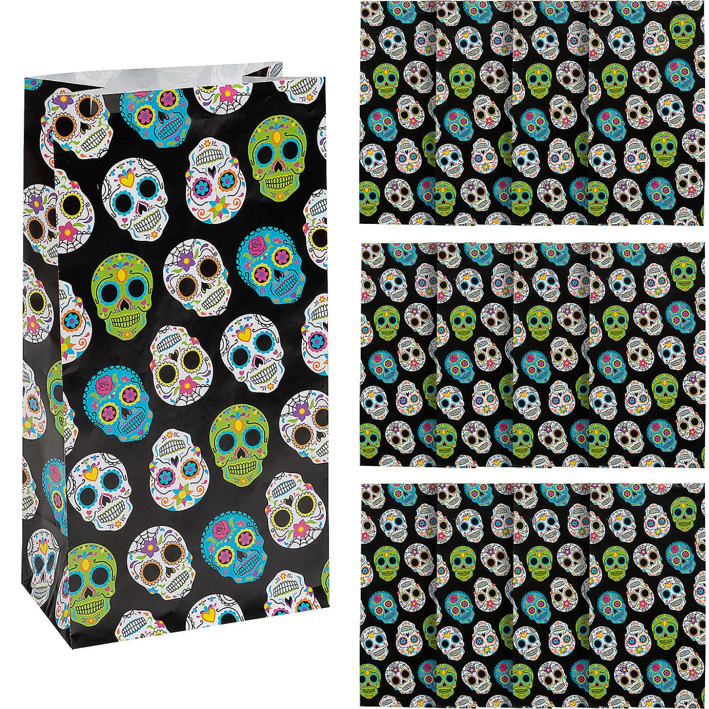 Fashion 5 1/4" X 10" Day Of The Dead Sugar Skull Paper Treat Bags - 12 Pc. Halloween Bags