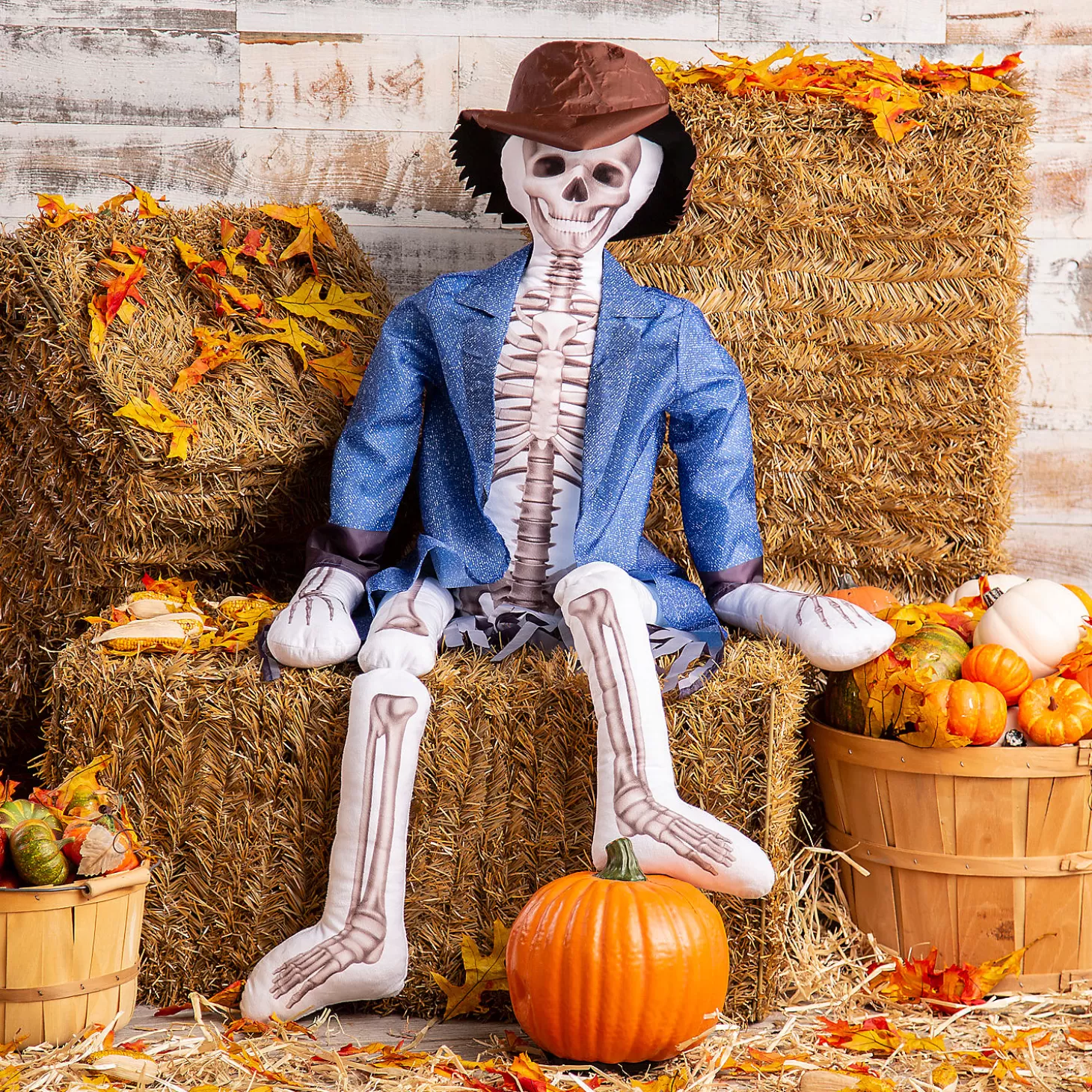 Hot 5-Foot Skeleton Plush Scarecrow Outfit Kit - 3 Pc. Skulls & Skeletons