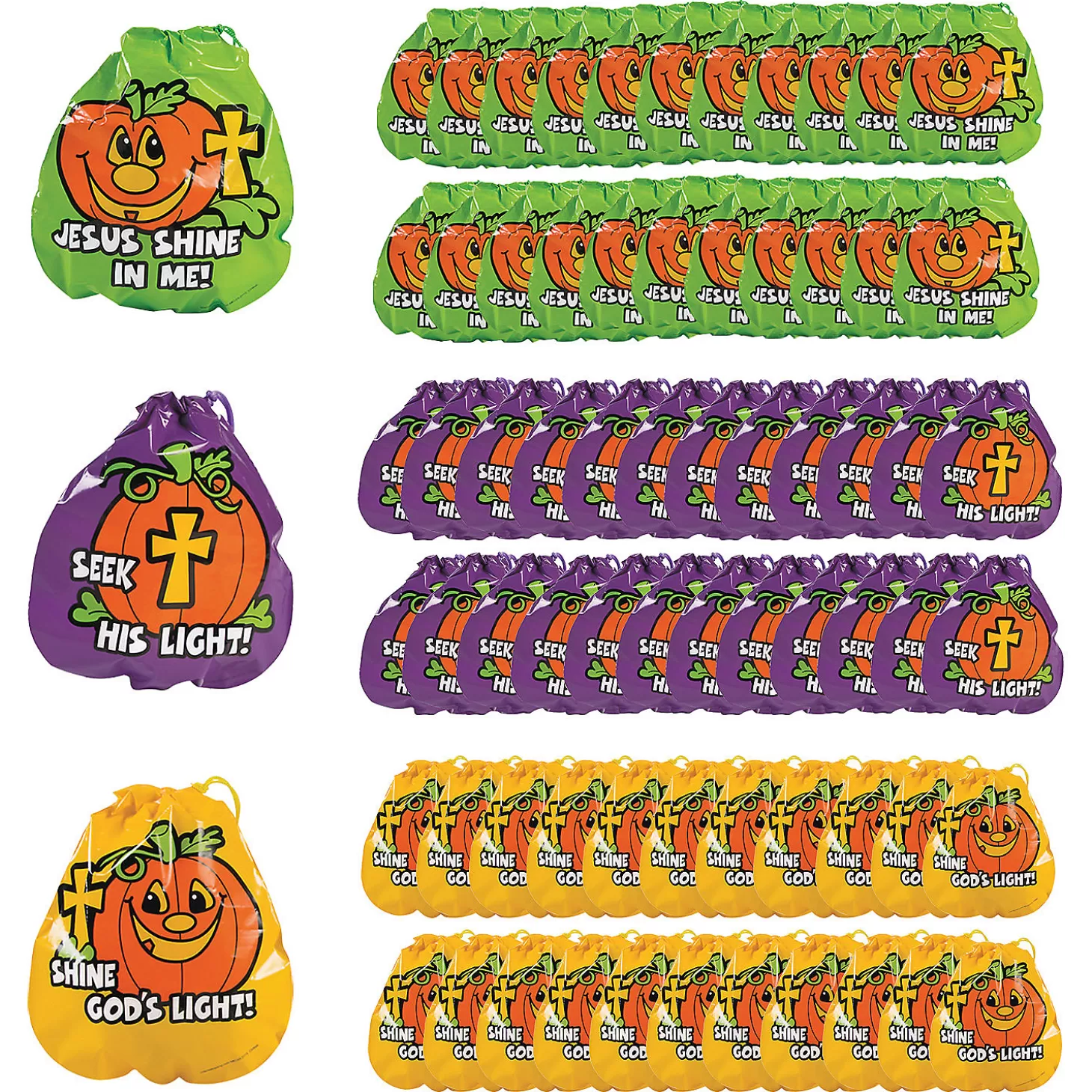 Clearance 7" X 8 1/2" Bulk 72 Pc. Plastic Christian Pumpkin Drawstring Goody Bags Religious Halloween
