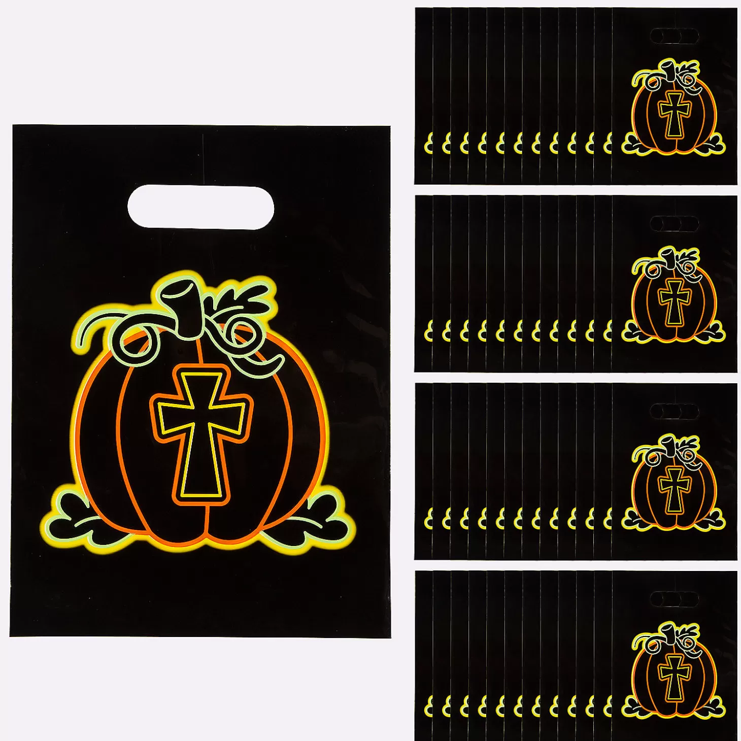 Cheap 7" X 9 1/2" Bulk 50 Pc. Neon Christian Pumpkin Goody Bags Halloween Bags