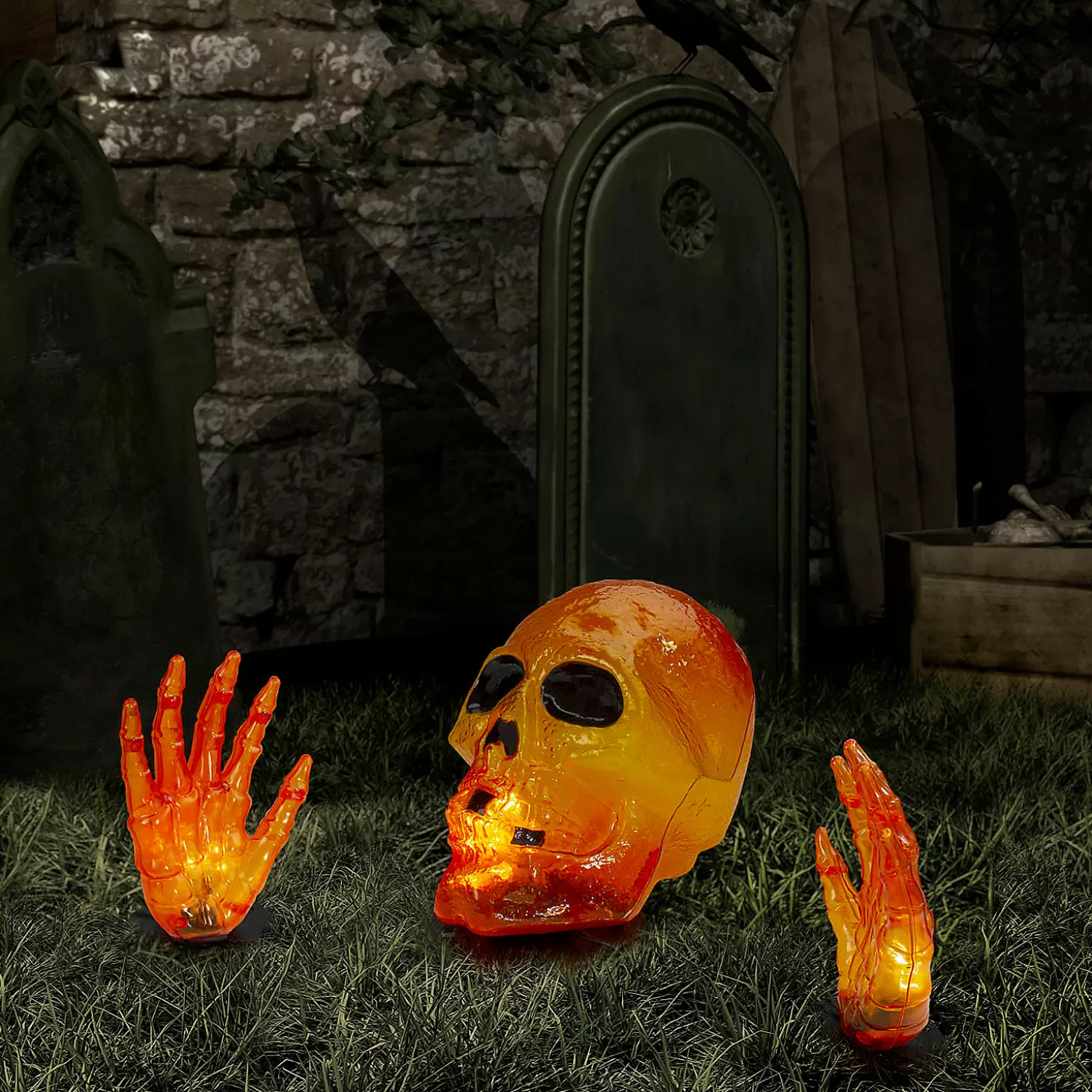 Store 8.5" Lighted Orange Skull And Hands Outdoor Halloween Decoration - 4Ft Black Wire Skulls & Skeletons