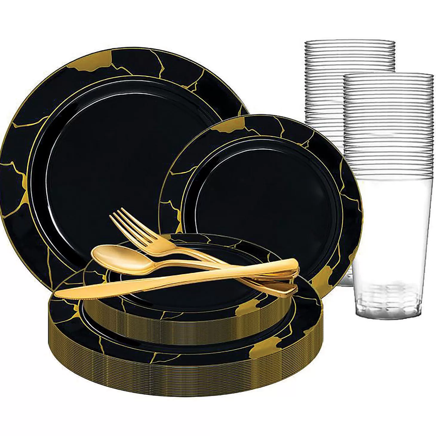 Store Black With Gold Marble Disposable Plastic Dinnerware Value Set (20 Settings) Bulk Halloween Supplies