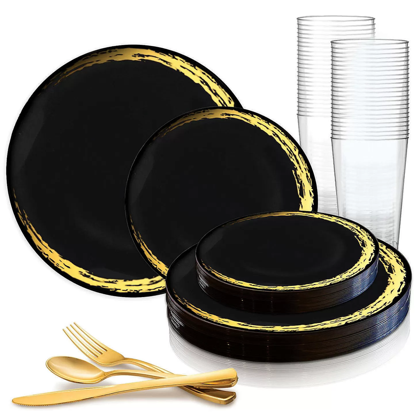 Fashion Black With Gold Moonlight Round Disposable Plastic Dinnerware Value Set (20 Settings) Bulk Halloween Supplies