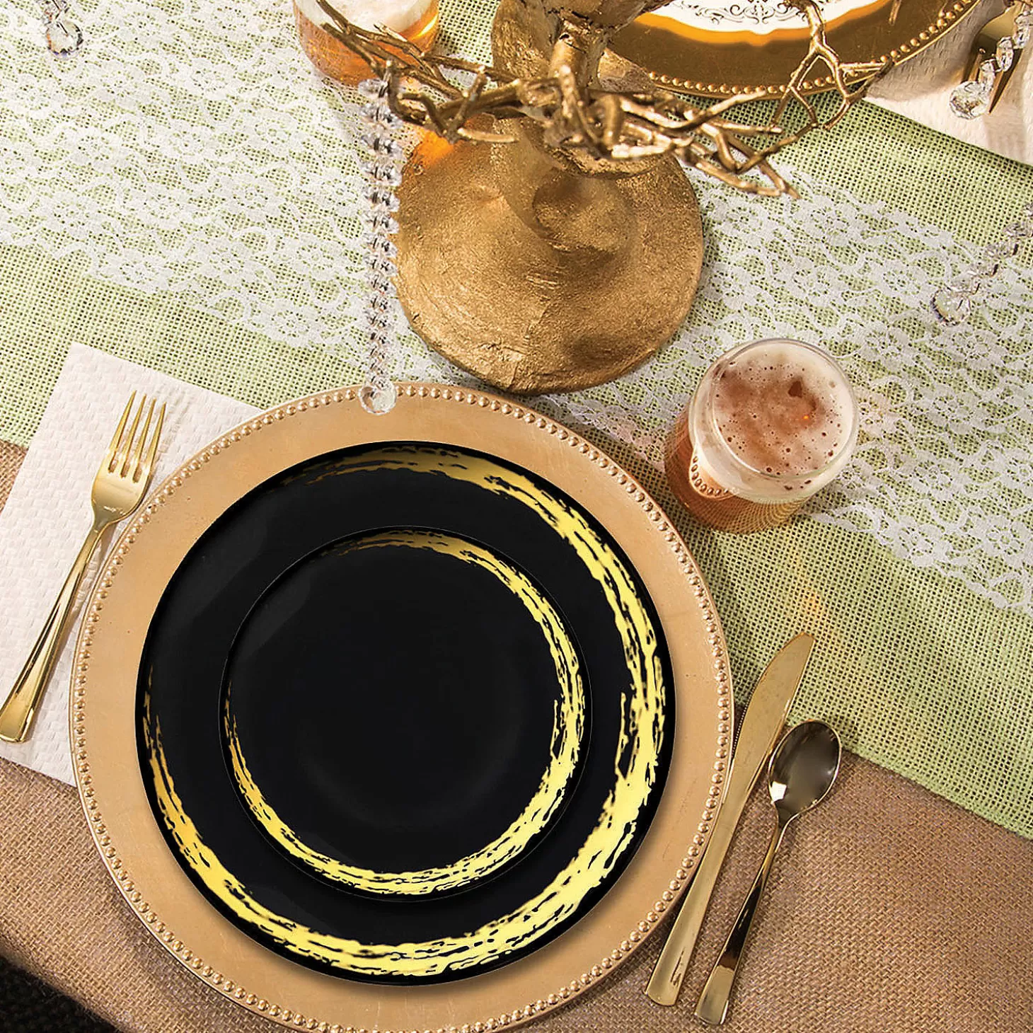 Fashion Black With Gold Moonlight Round Disposable Plastic Dinnerware Value Set (20 Settings) Bulk Halloween Supplies
