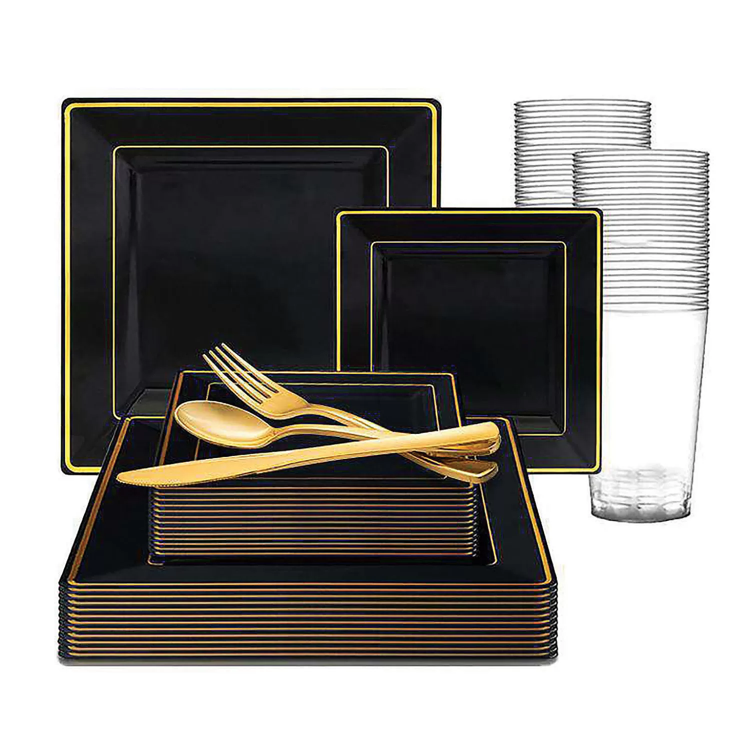 Shop Black With Gold Square Edge Rim Plastic Dinnerware Value Set (20 Settings) Bulk Halloween Supplies