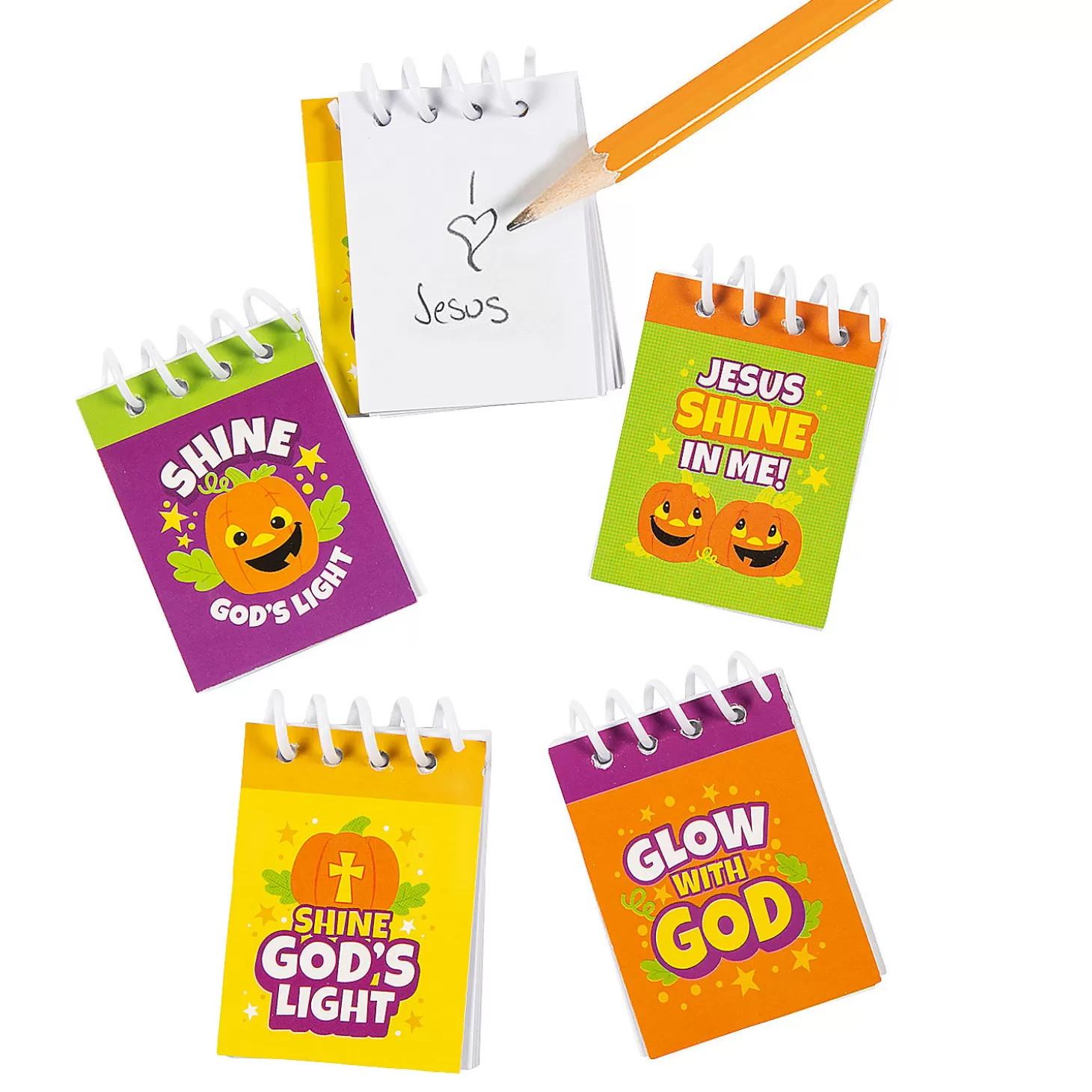 Discount Bulk 48 Pc. Christian Pumpkin Mini Spiral Notepads Boo Bags