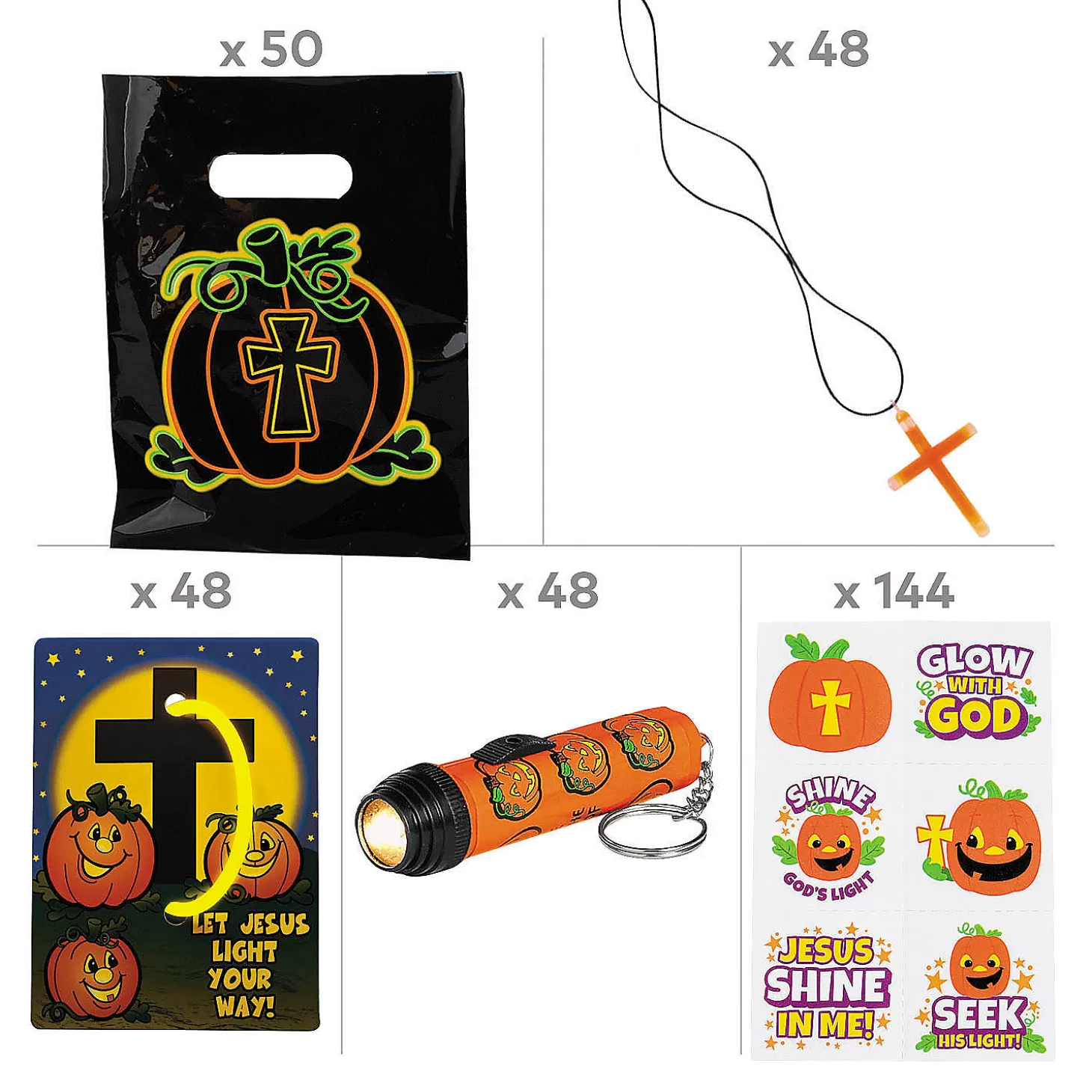 Clearance Bulk Christian Pumpkin Glow Handout Kit For 48 Religious Halloween