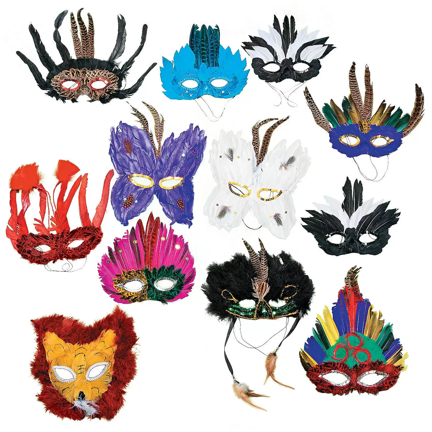 Fashion Deluxe Feather Mask Assortment- 12 Pc. Halloween Apparel & Accessories