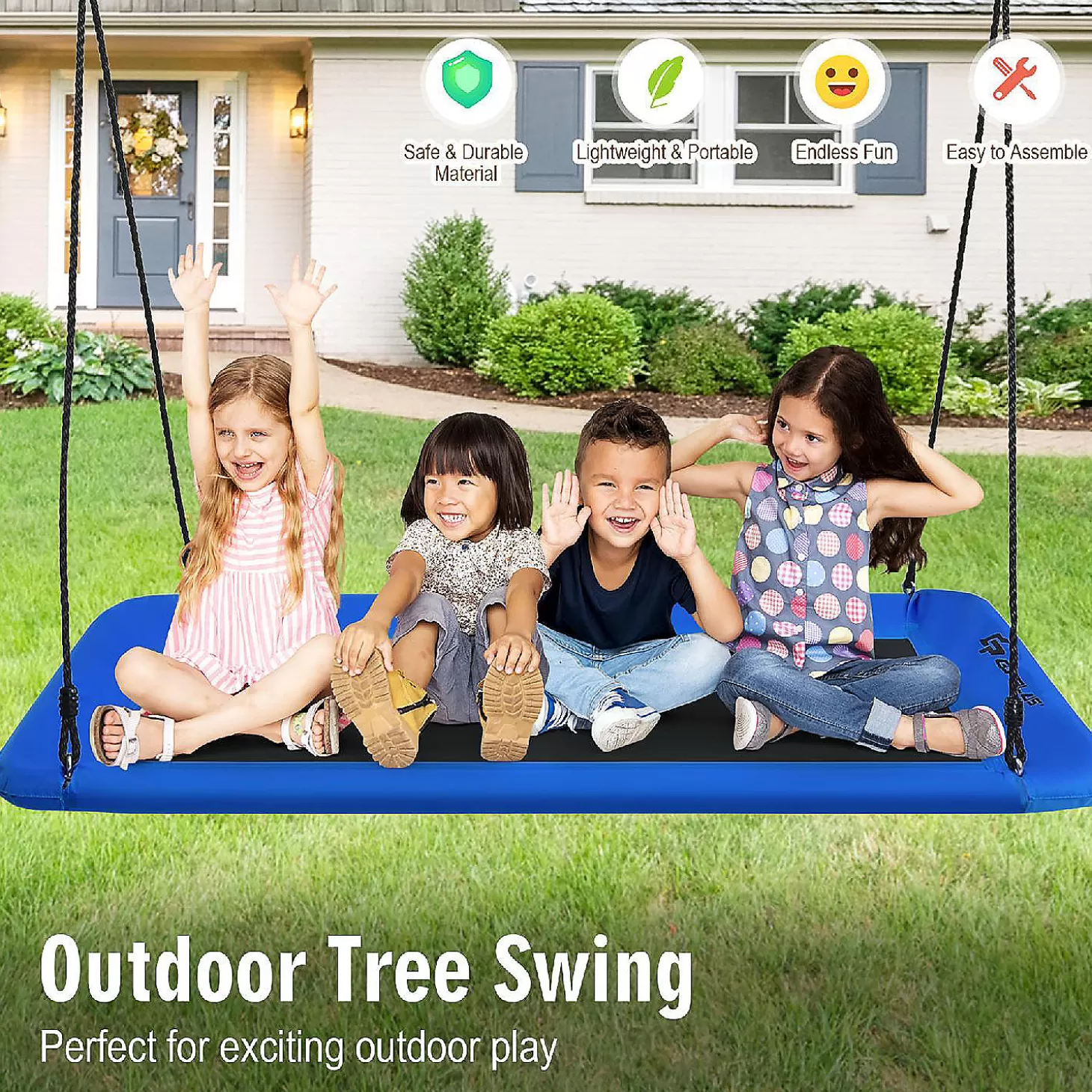 Best Sale Goplus 700Lb Giant 60'' Platform Tree Swing Outdoor W/ 2 Hanging Straps Blue Riding Toys