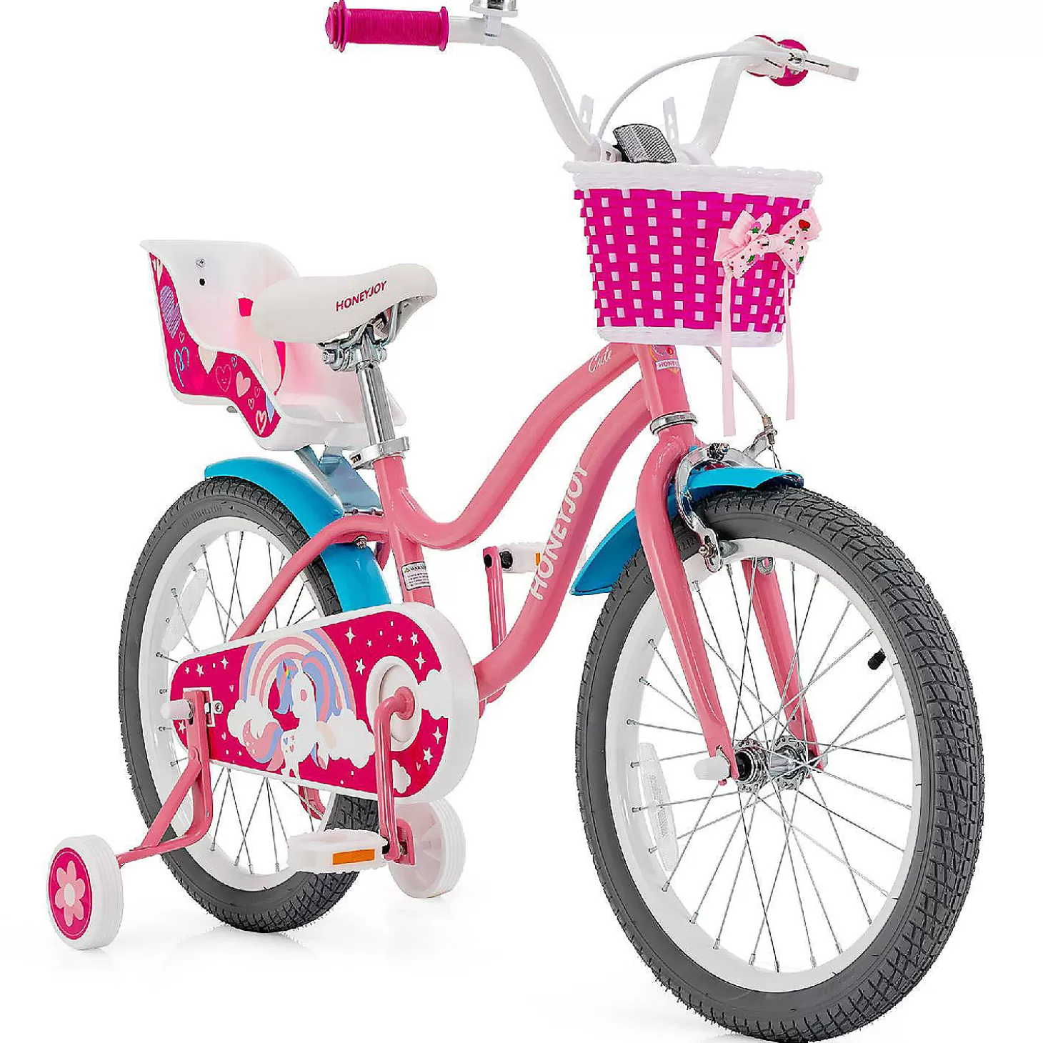 Fashion Honeyjoy 18" Kids Bicycle W/Training Wheels & Basket 5-9Yrs Pink Riding Toys