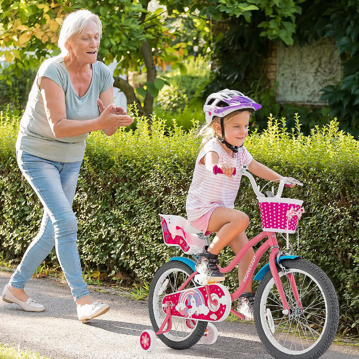 Fashion Honeyjoy 18" Kids Bicycle W/Training Wheels & Basket 5-9Yrs Pink Riding Toys