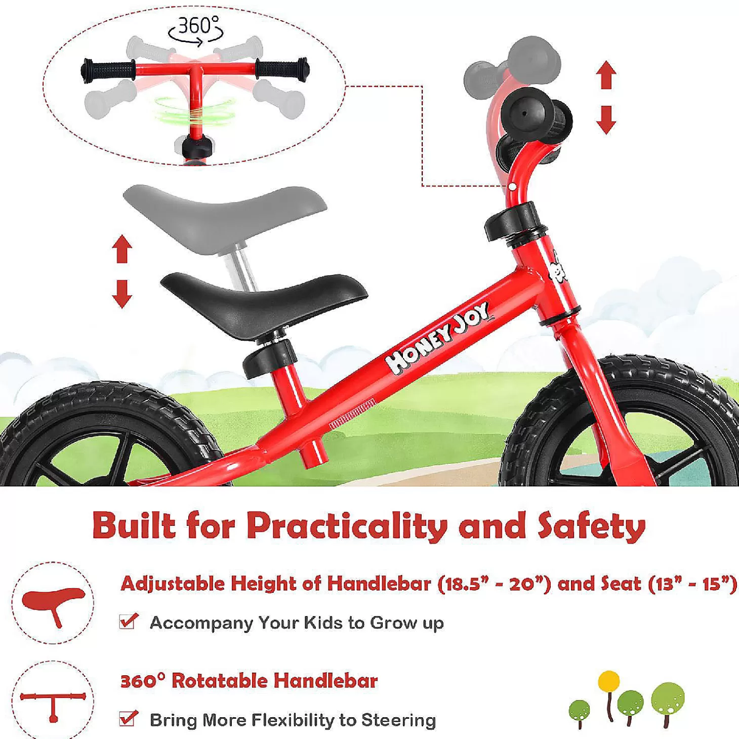 Store Honeyjoy Balance Bike No Pedal W/ Adjustable Handlebar & Seat Red Riding Toys