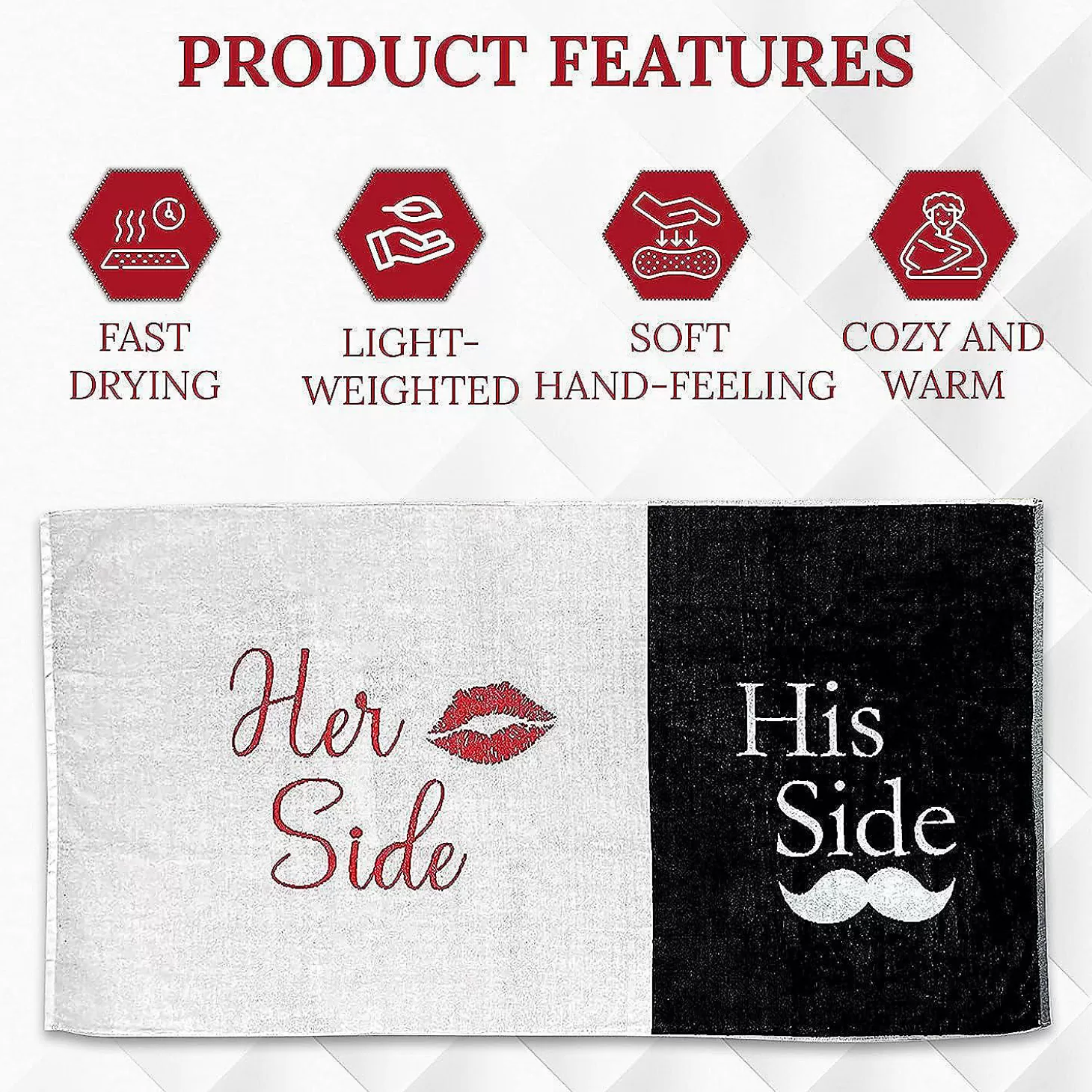 Hot Kovot Her Side His Side Towel With Mustache And Red Lips. For Mr. And Mrs. Beach Or Bath, 30 Inch X 56 Inch Water Toys