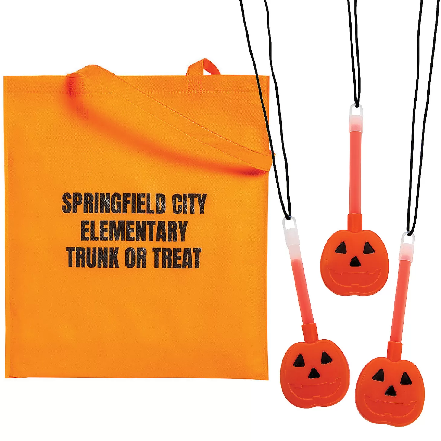 New Personalized Halloween Tote Bag & Pumpkin Glow Necklace Kit For 48 Halloween Fun Kits