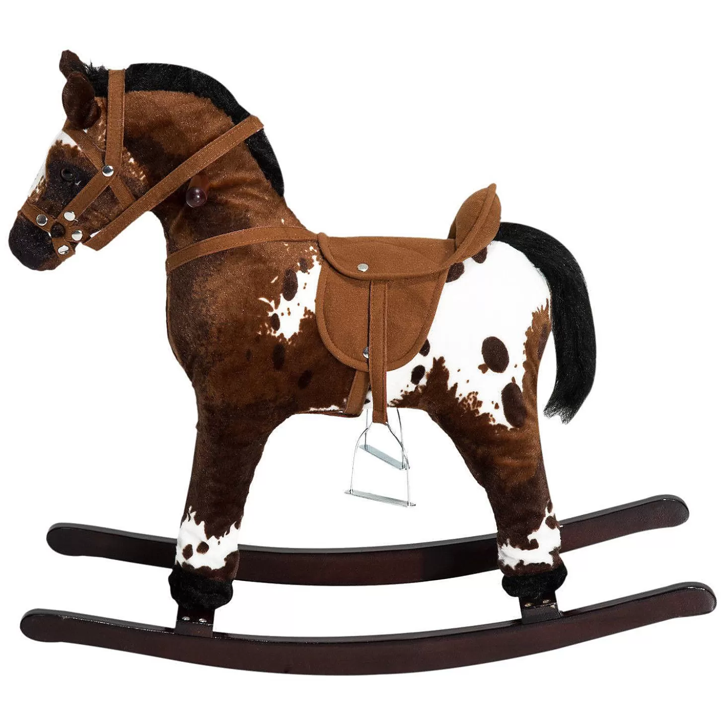 Best Qaba Kids Metal Plush Ride On Rocking Horse Chair Toy With Realistic Sounds Dark Brown/White Riding Toys