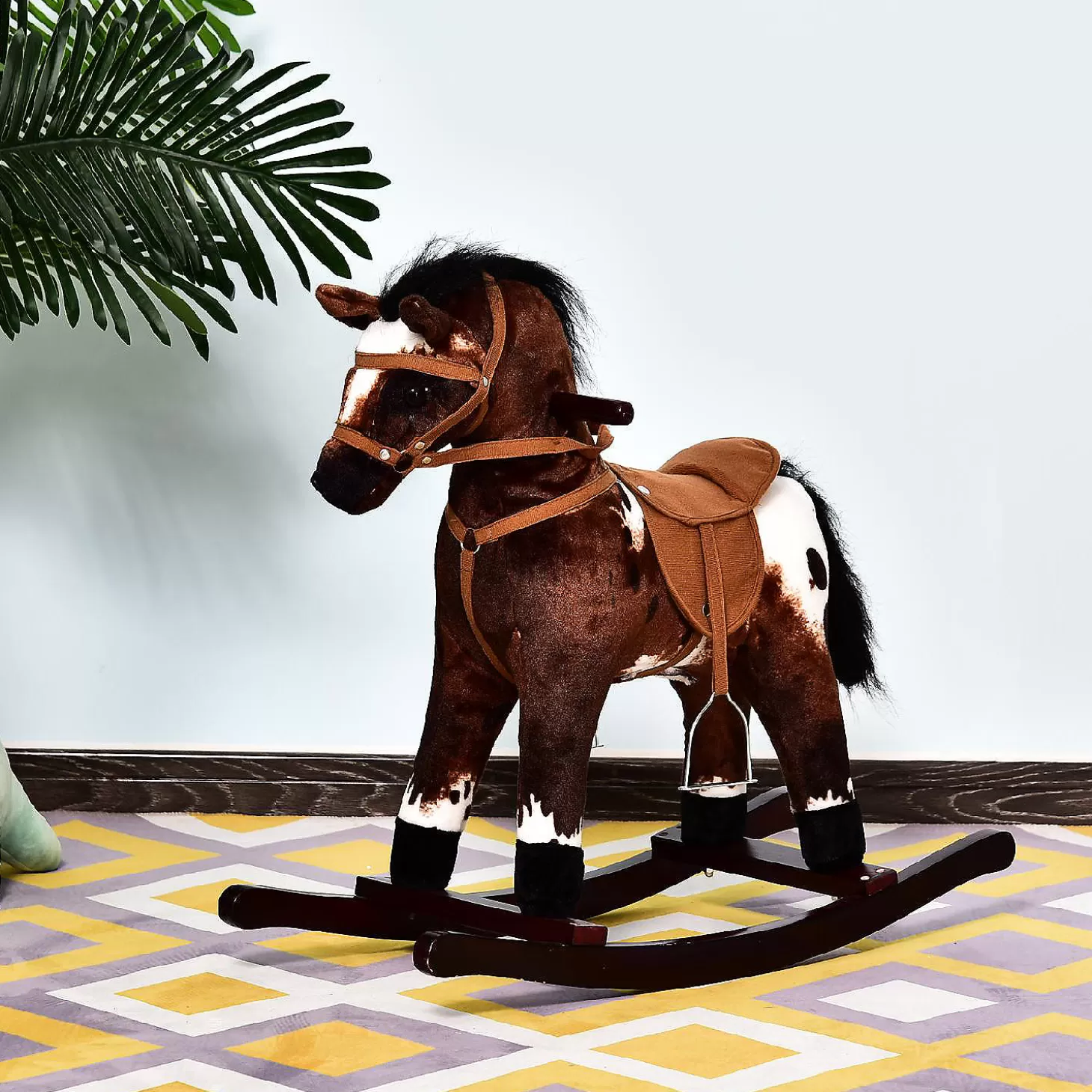 Best Qaba Kids Metal Plush Ride On Rocking Horse Chair Toy With Realistic Sounds Dark Brown/White Riding Toys
