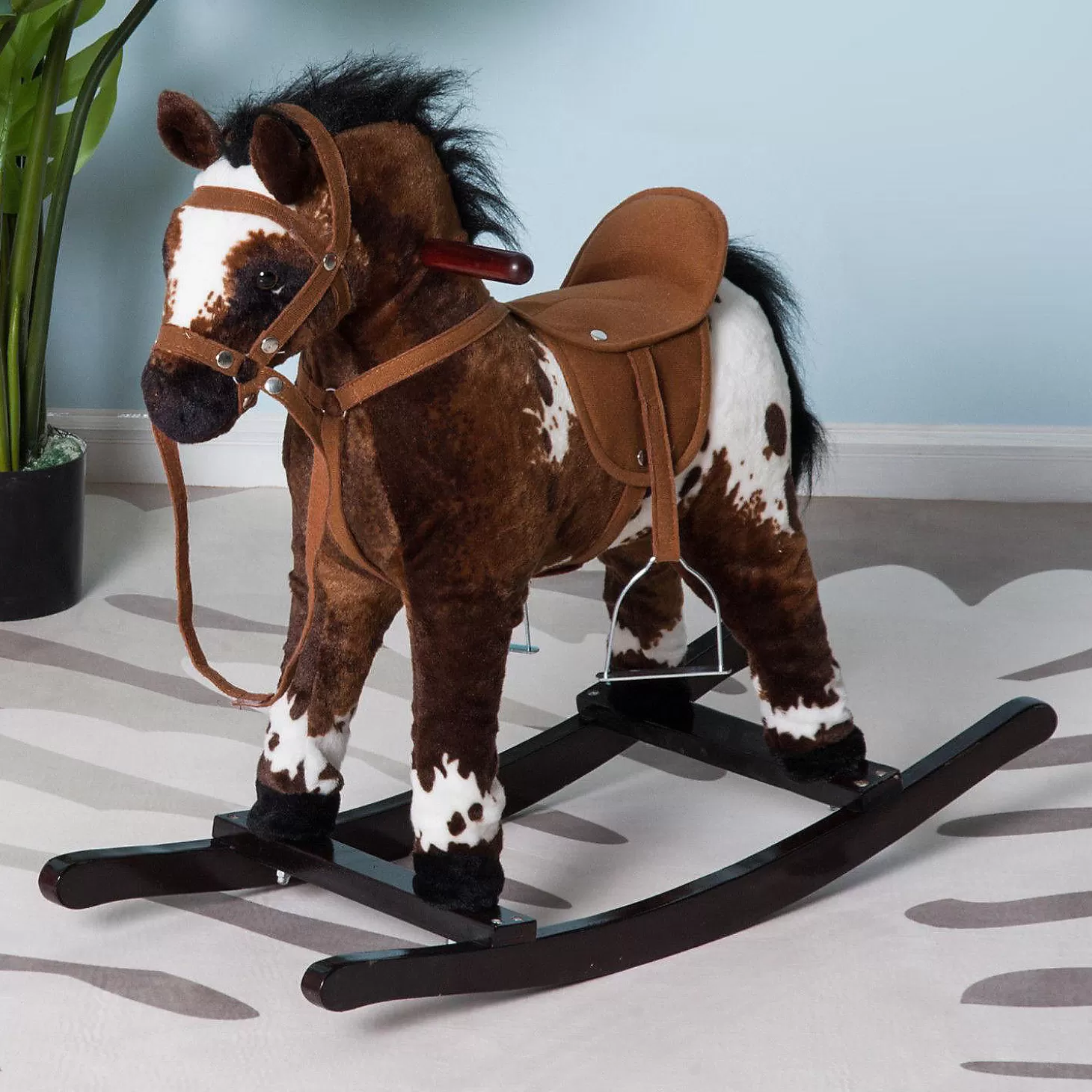 Best Qaba Kids Metal Plush Ride On Rocking Horse Chair Toy With Realistic Sounds Dark Brown/White Riding Toys