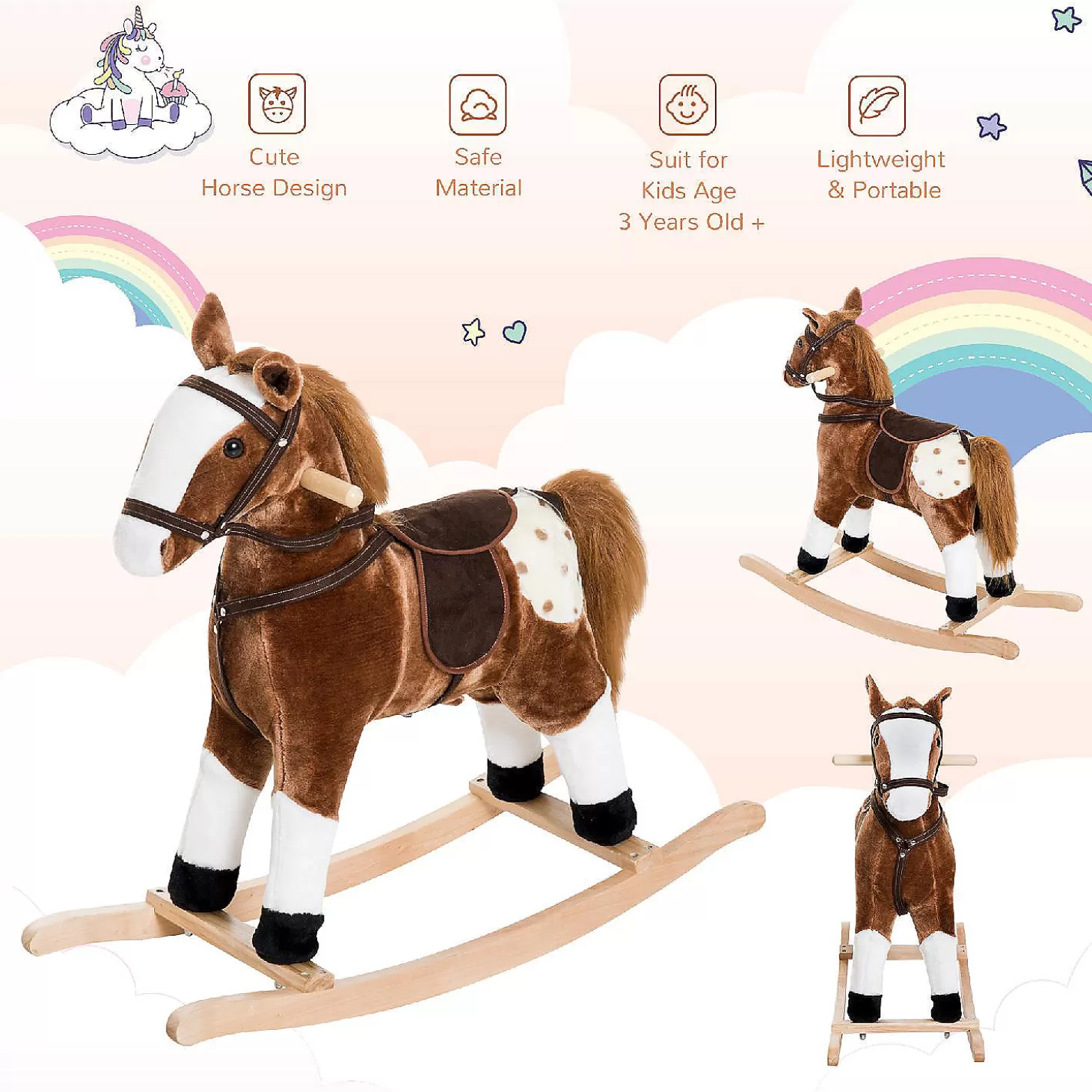 Outlet Qaba Kids Plush Toy Rocking Horse Pony Toddler Ride On Animal For Girls Pink Birthday Gifts With Realistic Sounds Brown Riding Toys